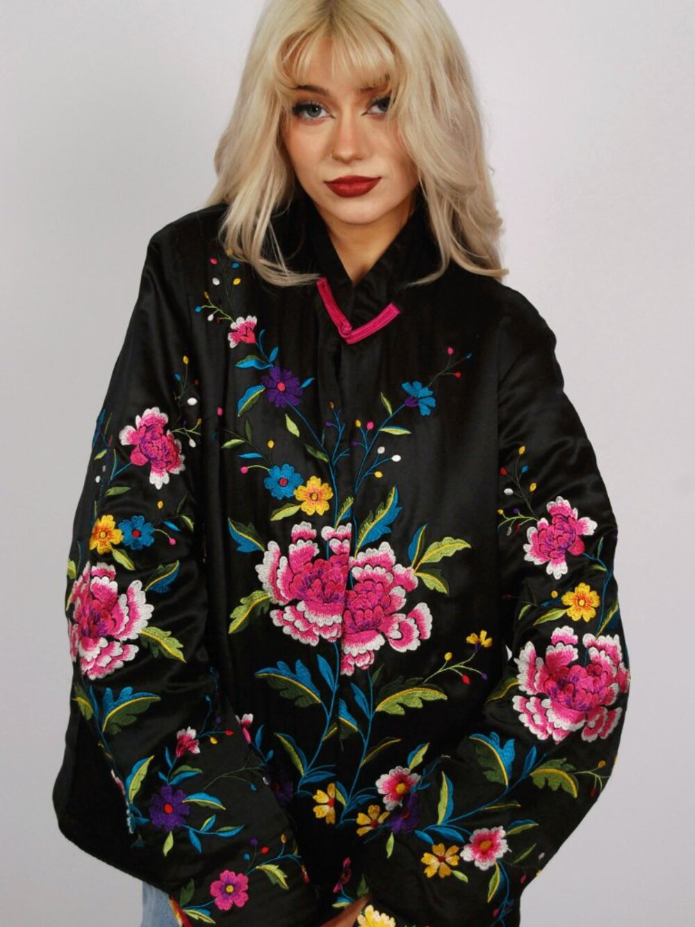 90s Silk Sukajan Jacket (M) medium black vintage womens embroidered chinese art - Picture 4 of 10